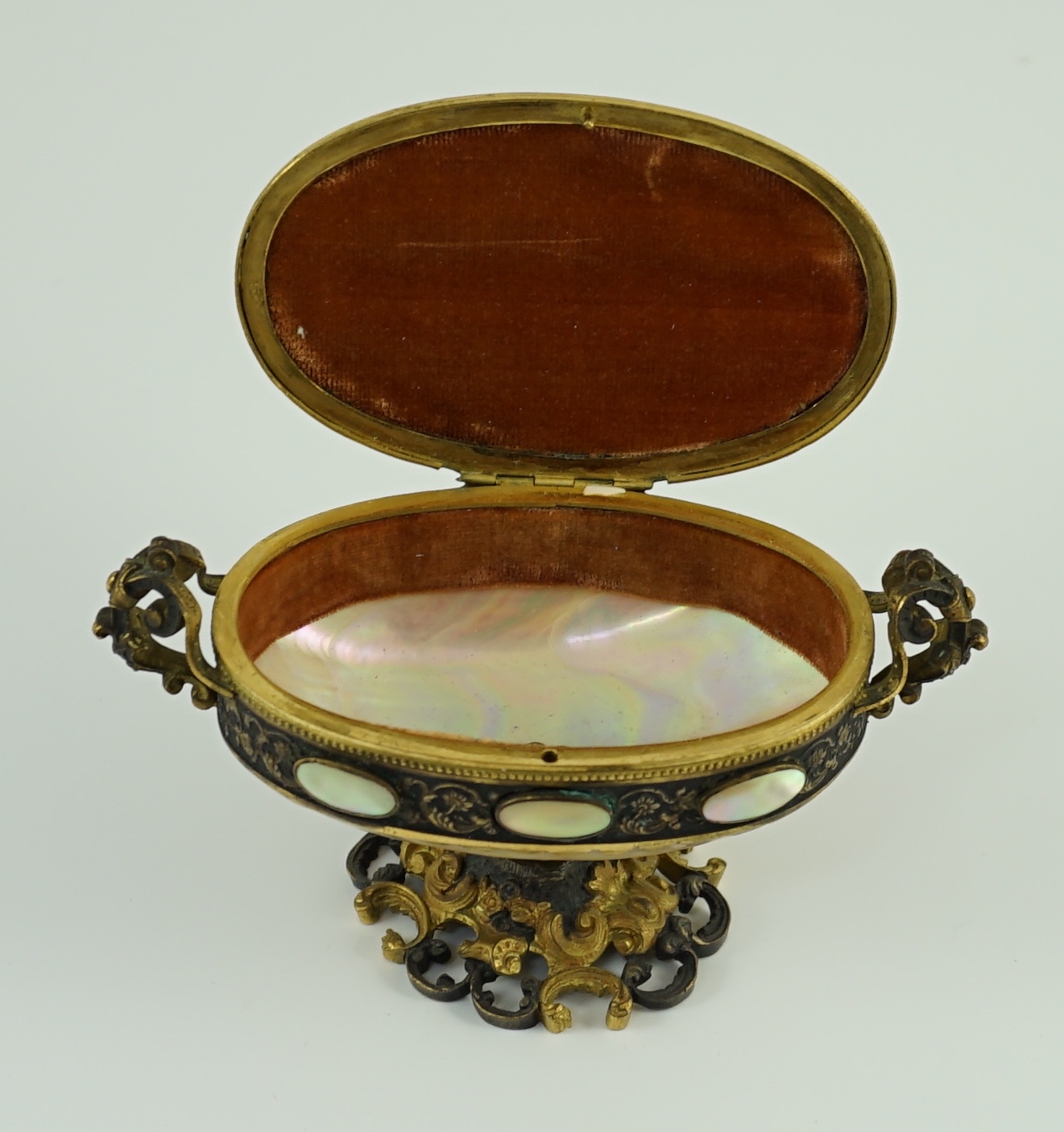 A 19th century Italian silvered and ormolu mounted mother of pearl casket, width 15cm, depth 7cm, height 11cm